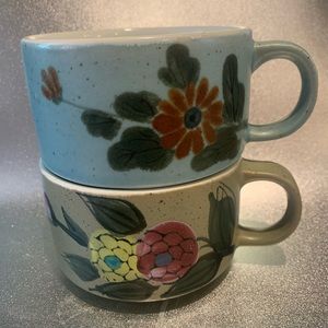 Vintage Retro MCM Speckled Stoneware Floral Soup Chili Mugs 12 oz Blue Green